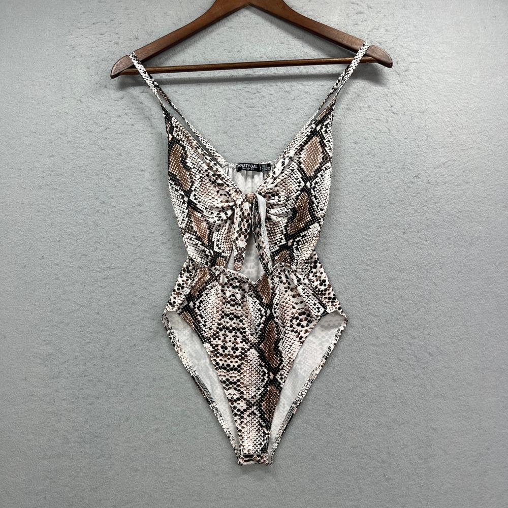 Nasty Gal One Piece Bodysuit Womens 2 Brown Snake Print Tie Front Cut Out Sexy
